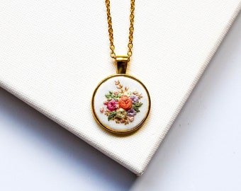 Dainty Embroidered Necklace, Tiny Flowers Embroidery Pendant, Vintage Inspired Handmade Jewelry, Bridesmaid Proposal Gift, Birthday Gift