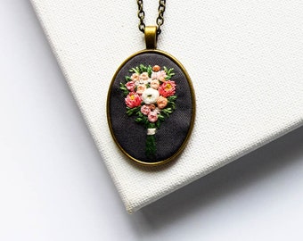 Hand Embroidered Botanical Statement Necklace, Cheerful Florals Pendant, Plant Lover Gift, Personalized Keepsakes, Christmas Gift for Mom