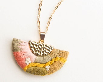 Hand Embroidered Abstract Geometric Statement Necklace, Mustard Yellow Peach Spring Summer Jewelry, Wearable Fiber Art Everyday Necklace