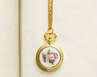 Vintage-inspired Hand Embroidered Floral Pocket Watch Necklace, Embroidered Long Statement Pendant, Handmade Jewelry