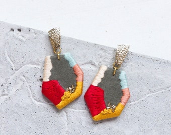 Hand Embroidered Geometric Earrings, Embroidered Summer Jewelry, Holiday Statement Earrings, Birthday Gift, Bridesmaid Gift