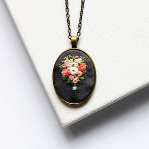 Hand Embroidered Botanical Statement Necklace, Cheerful Florals Pendant, Plant Lover Gift, Personalized Keepsakes, Christmas Gift for Mom image 1