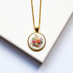 Dainty Embroidered Necklace, Tiny Flowers Embroidery Pendant, Vintage Inspired Handmade Jewelry, Bridesmaid Proposal Gift, Birthday Gift