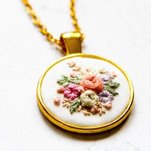 Dainty Embroidered Necklace, Tiny Flowers Embroidery Pendant, Vintage Inspired Handmade Jewelry, Bridesmaid Proposal Gift, Birthday Gift image 4
