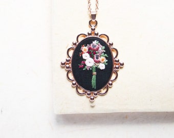 READY TO SHIP: Unique Hand Embroidered Flower Necklace, Gold Floral Embroidery Jewelry, Bouquet Fiber Art Pendant,Boho Style Statement Piece