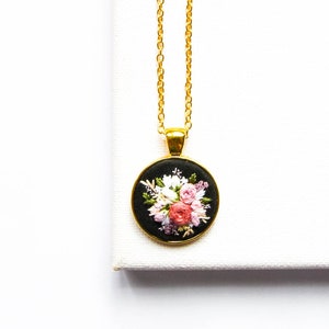 Unique Handmade Embroidered Floral Necklace, Personalized Flower Embroidery Pendant, Pink Black Textile Jewelry, Gift for Wife image 1