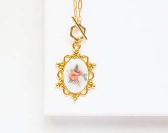 READY TO SHIP: Hand Embroidered Vintage-inspired Flowers Necklace, Flower Embroidery Gold Pendant, Layering Necklace, Bridesmaid Gift