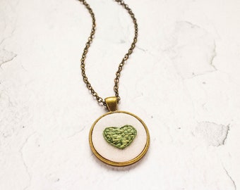 Embroidered Green Woven Heart Necklace, Handmade Mother's Day Jewelry, Tiny Minimalist Pendant, Anniversary Gift, Bridesmaid Gift