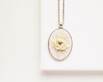 Hand Embroidered Filipiniana Necklace, White Rose Embroidery Pendant for Bride, Filipino Wedding Jewelry, Gift for Mom, Heritage Accessories