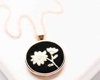 Minimalist Hand Embroidered Flower Necklace - Black Fiber Art Pendant - Handmade Jewelry Gift for Mom, Gift for Her, Grandma Gift