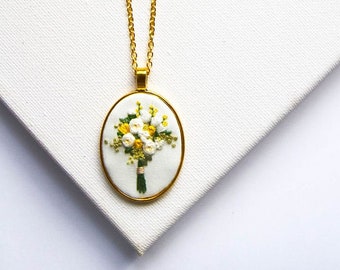 Hand Embroidered Yellow Bouquet Necklace, Gold Embroidery Flower Pendant, Jewelry for Mom, Summer Wedding Bridal Party Gift, Christmas Gift