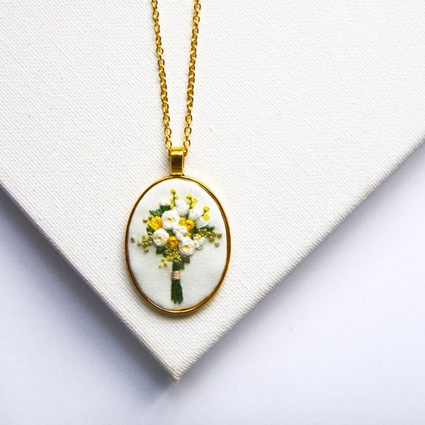 Hand Embroidered Yellow Bouquet Necklace, Gold Embroidery Flower Pendant, Jewelry for Mom, Summer Wedding Bridal Party Gift, Christmas Gift