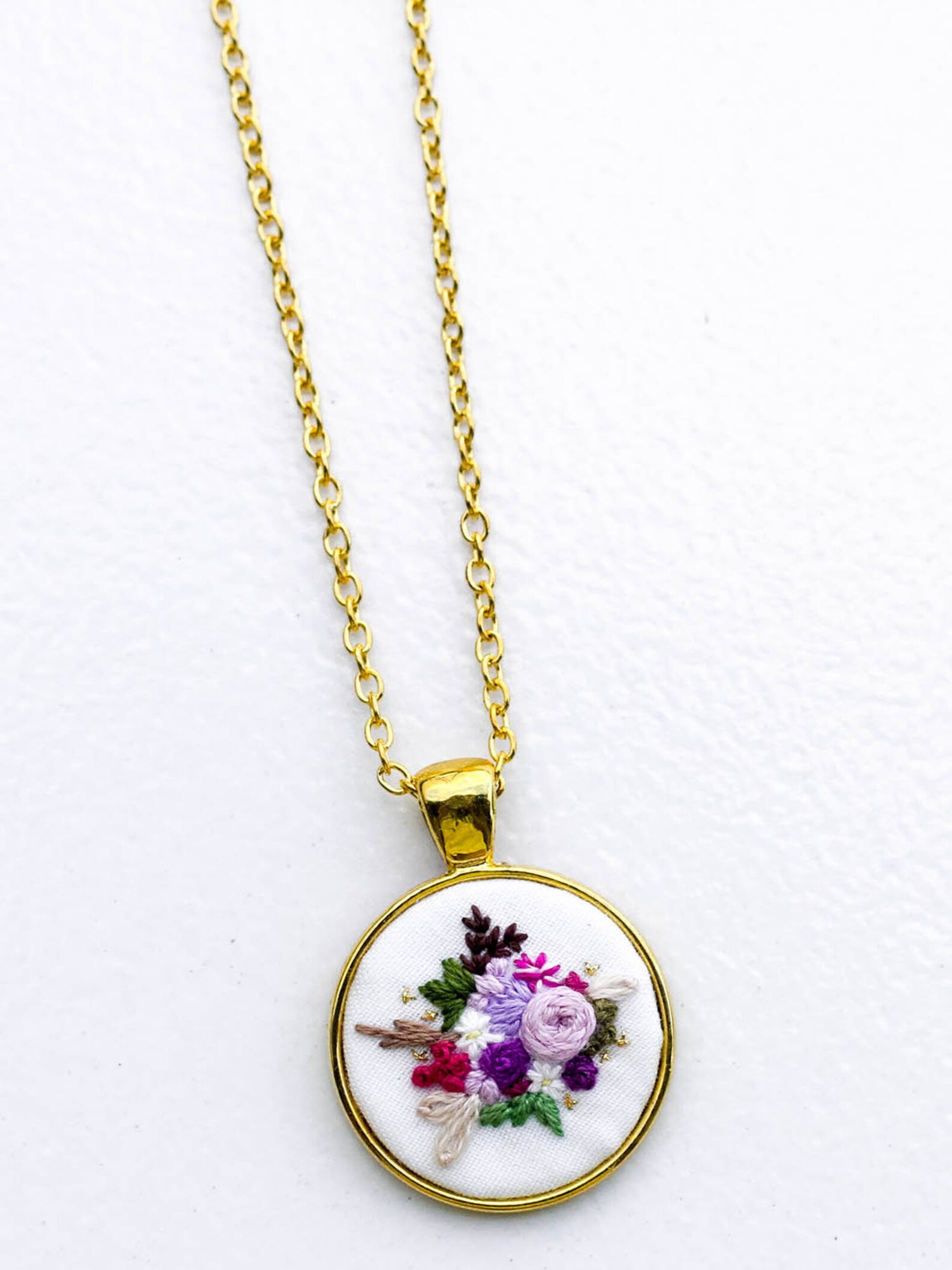 Hand Embroidered Flower Necklace Round Circle Pendant Etsy