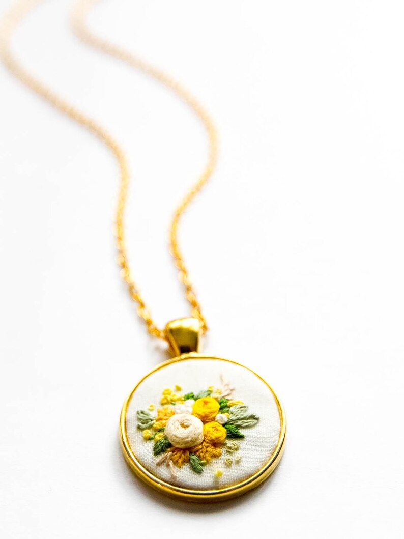 Unique Hand Embroidered Yellow Rose Necklace Spring Flower Embroidery Pendant Nature Inspired Gift for Mom Bridesmaid Gift image 3