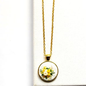Unique Hand Embroidered Yellow Rose Necklace Spring Flower Embroidery Pendant Nature Inspired Gift for Mom Bridesmaid Gift image 7
