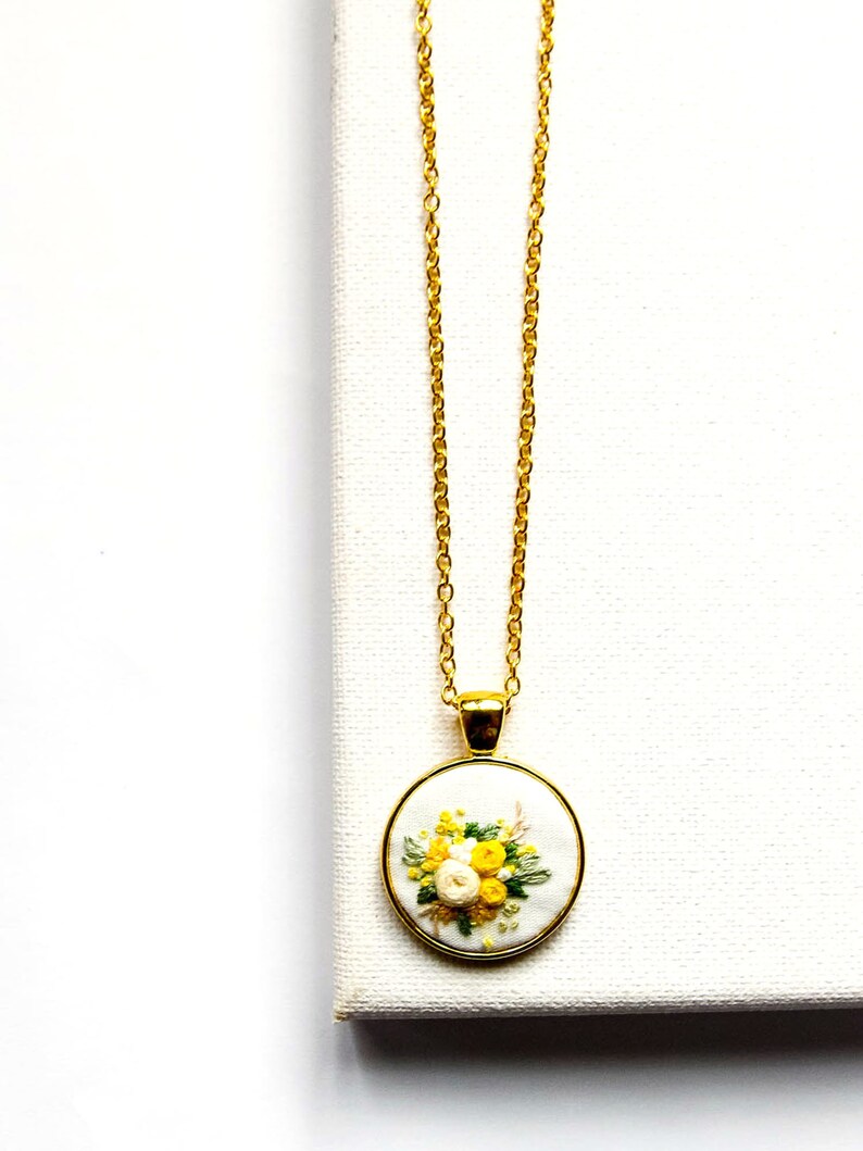 Unique Hand Embroidered Yellow Rose Necklace Spring Flower Embroidery Pendant Nature Inspired Gift for Mom Bridesmaid Gift image 7