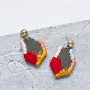 Hand Embroidered Geometric Earrings, Embroidered Summer Jewelry, Holiday Statement Earrings, Birthday Gift, Bridesmaid Gift image 3