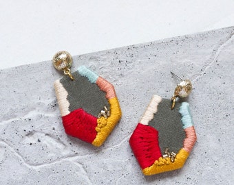 Hand Embroidered Geometric Dangle Earrings, Colorful Gold Drop Hexagon Earrings, Statement Jewelry, Mother's Day Gift, Gift for Her