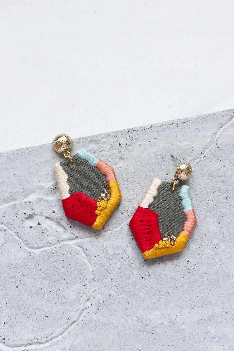 Hand Embroidered Geometric Earrings, Embroidered Summer Jewelry, Holiday Statement Earrings, Birthday Gift, Bridesmaid Gift image 3