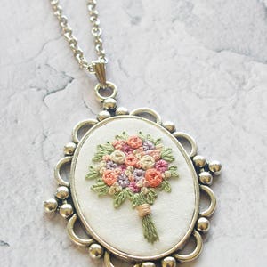 Handmade Flower Silver Necklace, Mother's Day Gift for Her, Unique Embroidered Floral Jewelry, Bridesmaid Gift image 2