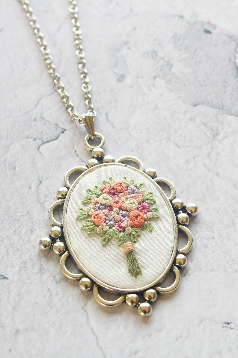 Handmade Flower Silver Necklace, Mother's Day Gift for Her, Unique Embroidered Floral Jewelry, Bridesmaid Gift image 2