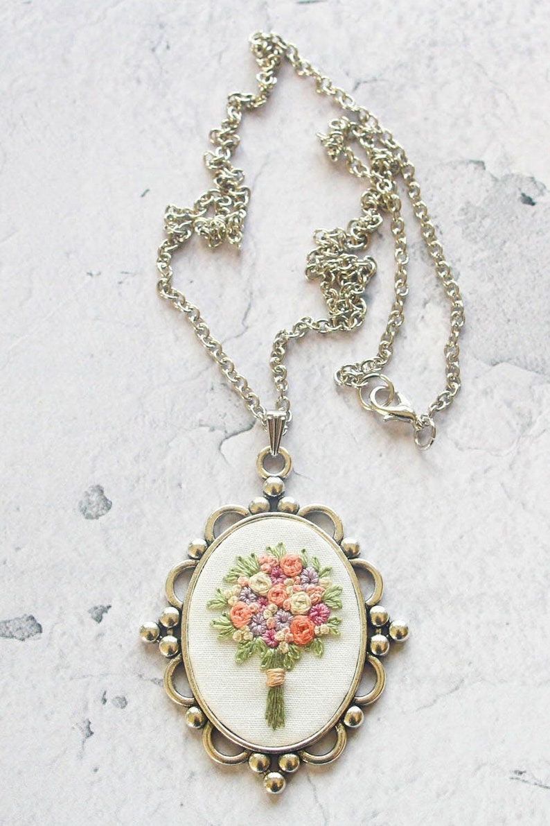 Handmade Flower Silver Necklace, Mother's Day Gift for Her, Unique Embroidered Floral Jewelry, Bridesmaid Gift image 1