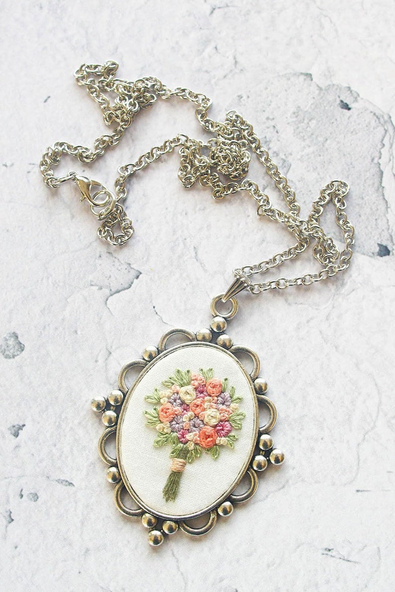 Handmade Flower Silver Necklace, Mother's Day Gift for Her, Unique Embroidered Floral Jewelry, Bridesmaid Gift image 3