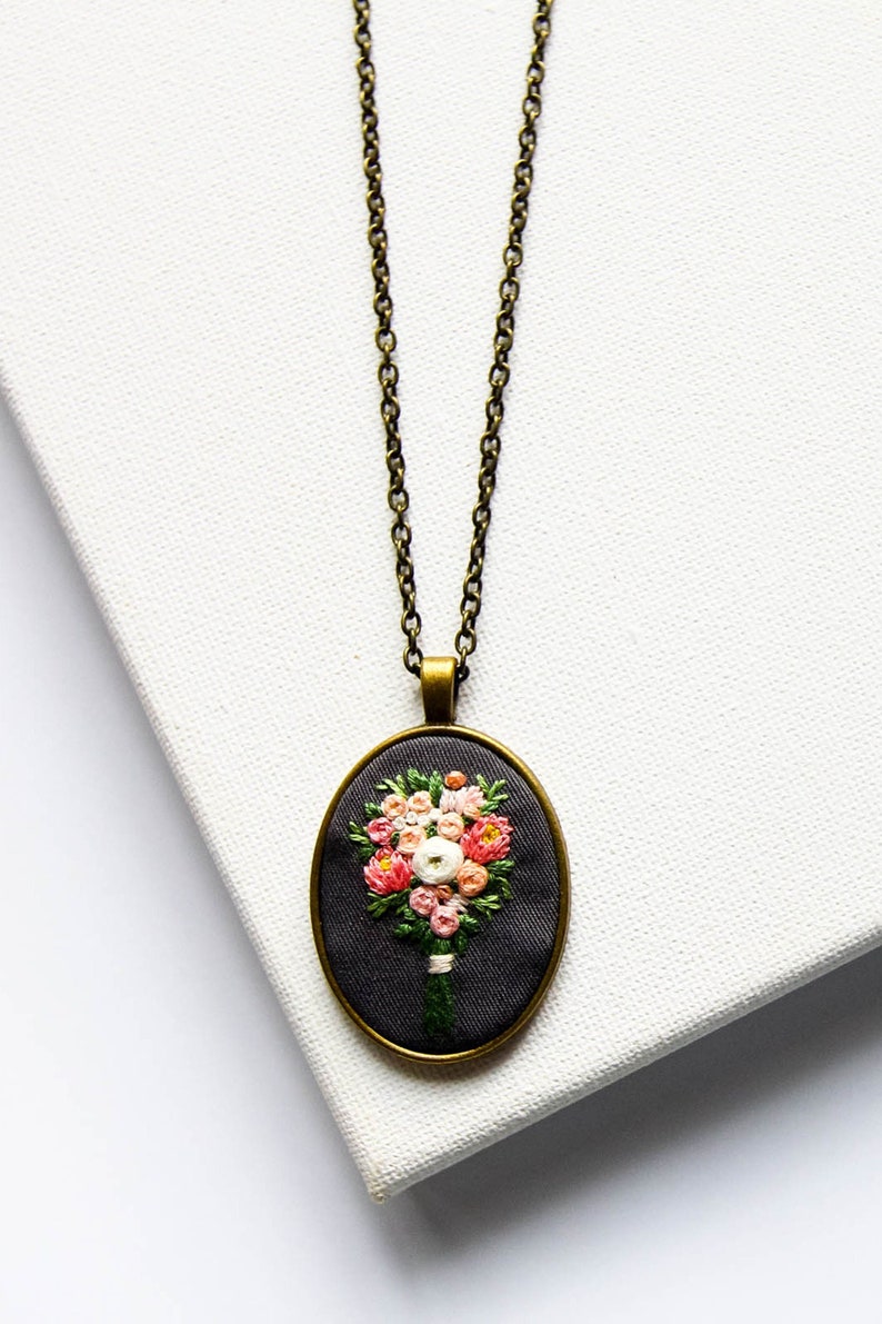 Hand Embroidered Botanical Statement Necklace, Cheerful Florals Pendant, Plant Lover Gift, Personalized Keepsakes, Christmas Gift for Mom image 1