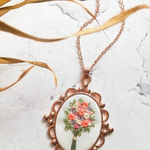 Handmade Flower Silver Necklace, Mother's Day Gift for Her, Unique Embroidered Floral Jewelry, Bridesmaid Gift image 8