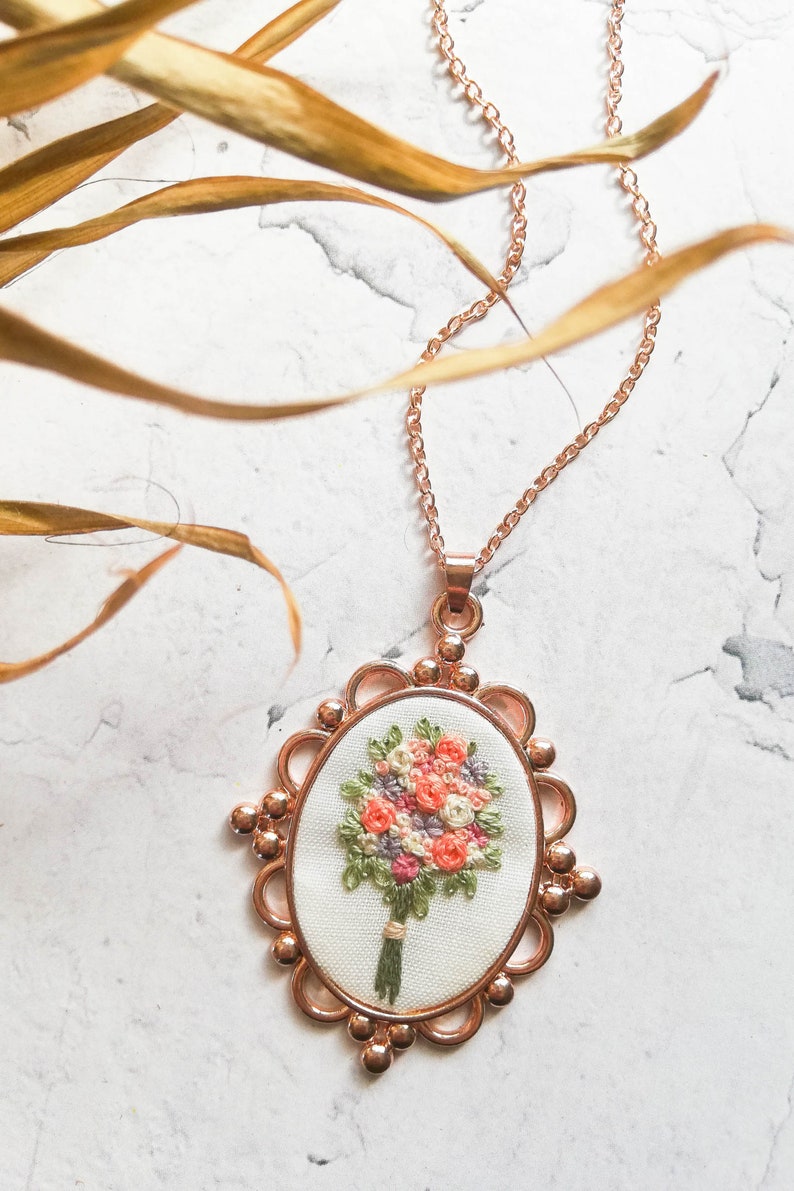 Handmade Flower Silver Necklace, Mother's Day Gift for Her, Unique Embroidered Floral Jewelry, Bridesmaid Gift image 8