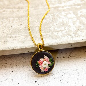 Unique Pink Peach Embroidered Flowers Necklace, Tiny Floral Embroidery Pendant, Dainty Handmade Textile Jewelry, Gift for Sister, Mom Gift image 8