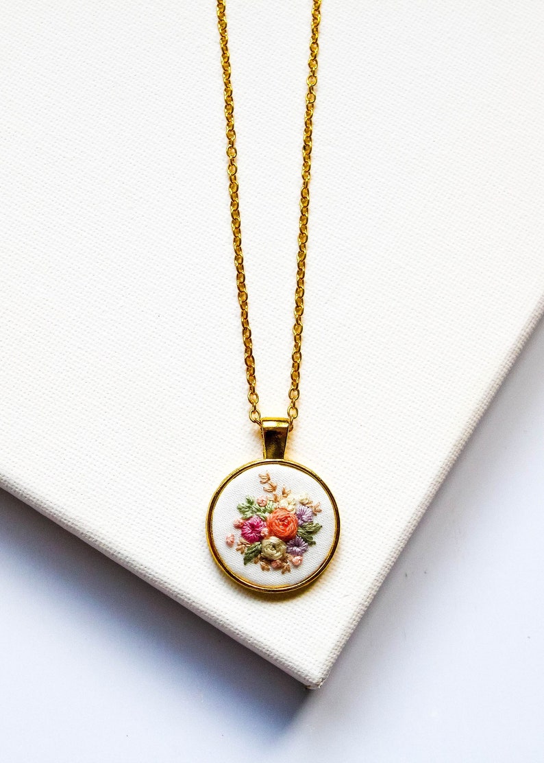 Dainty Embroidered Necklace, Tiny Flowers Embroidery Pendant, Vintage Inspired Handmade Jewelry, Bridesmaid Proposal Gift, Birthday Gift image 1