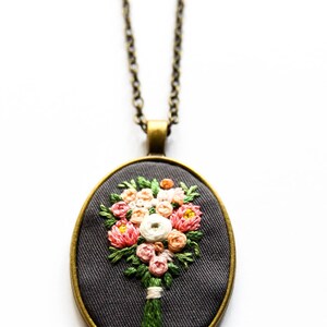 Hand Embroidered Botanical Statement Necklace, Cheerful Florals Pendant, Plant Lover Gift, Personalized Keepsakes, Christmas Gift for Mom image 3