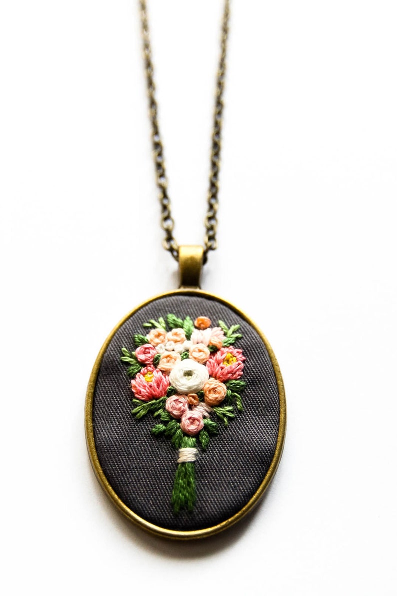 Hand Embroidered Botanical Statement Necklace, Cheerful Florals Pendant, Plant Lover Gift, Personalized Keepsakes, Christmas Gift for Mom image 3