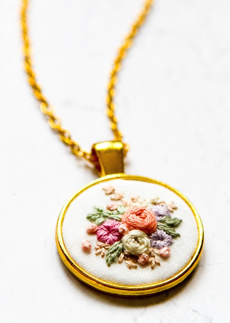 Dainty Embroidered Necklace, Tiny Flowers Embroidery Pendant, Vintage Inspired Handmade Jewelry, Bridesmaid Proposal Gift, Birthday Gift image 4