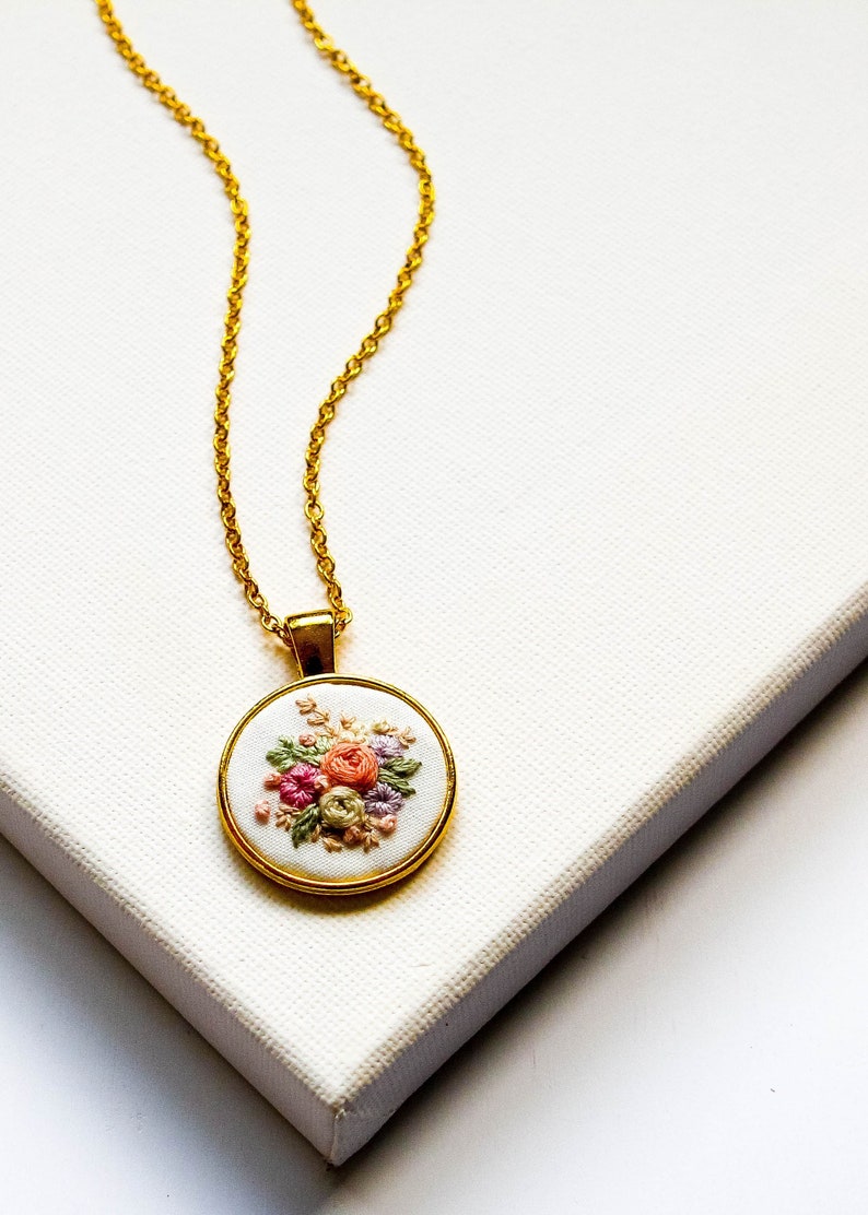 Dainty Embroidered Necklace, Tiny Flowers Embroidery Pendant, Vintage Inspired Handmade Jewelry, Bridesmaid Proposal Gift, Birthday Gift image 2