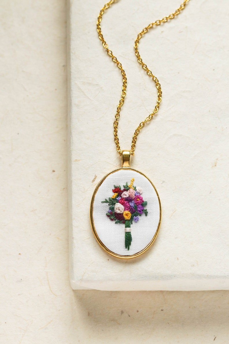 Unique Hand Embroidered Flower Bouquet Necklace, Mother's Day Gift, Spring Summer Floral Pendant, Wedding Bridesmaid Jewelry image 4