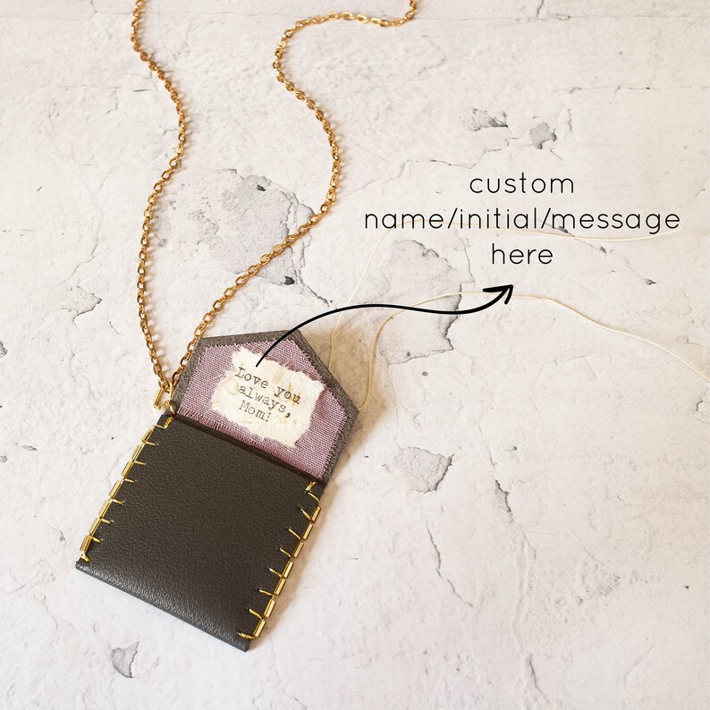 Handmade Keepsake Embroidered Statement Necklace, Personalized Envelope Necklace Gift with Custom Name or Message, Mother's Day Gift image 7