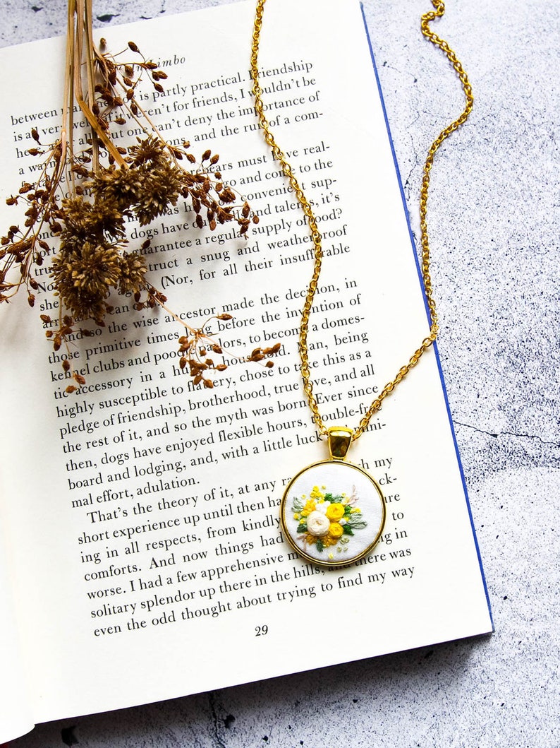 Unique Hand Embroidered Yellow Rose Necklace Spring Flower Embroidery Pendant Nature Inspired Gift for Mom Bridesmaid Gift image 9