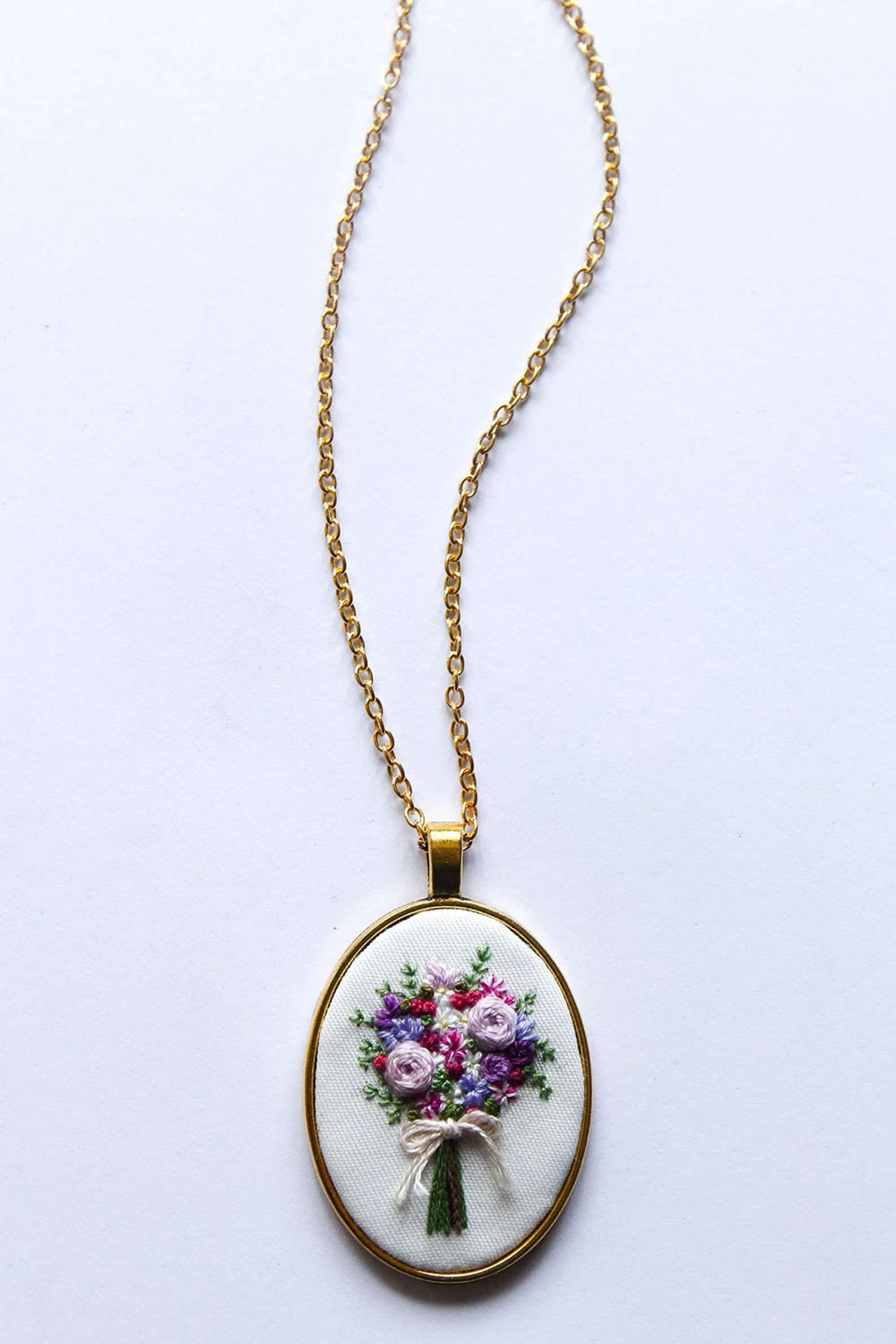 Hand Embroidered Bouquet Necklace Floral Embroidery Pendant Etsy