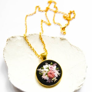 Unique Handmade Embroidered Floral Necklace, Personalized Flower Embroidery Pendant, Pink Black Textile Jewelry, Gift for Wife image 9