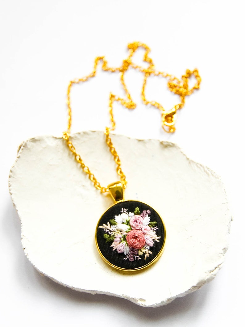 Unique Handmade Embroidered Floral Necklace, Personalized Flower Embroidery Pendant, Pink Black Textile Jewelry, Gift for Wife image 9