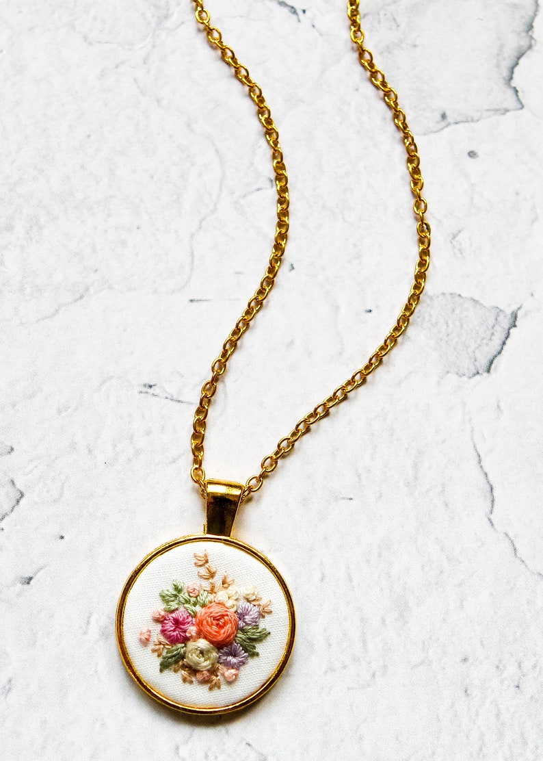 Dainty Embroidered Necklace, Tiny Flowers Embroidery Pendant, Vintage Inspired Handmade Jewelry, Bridesmaid Proposal Gift, Birthday Gift image 7