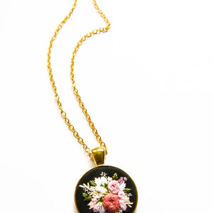 Unique Handmade Embroidered Floral Necklace, Personalized Flower Embroidery Pendant, Pink Black Textile Jewelry, Gift for Wife image 2