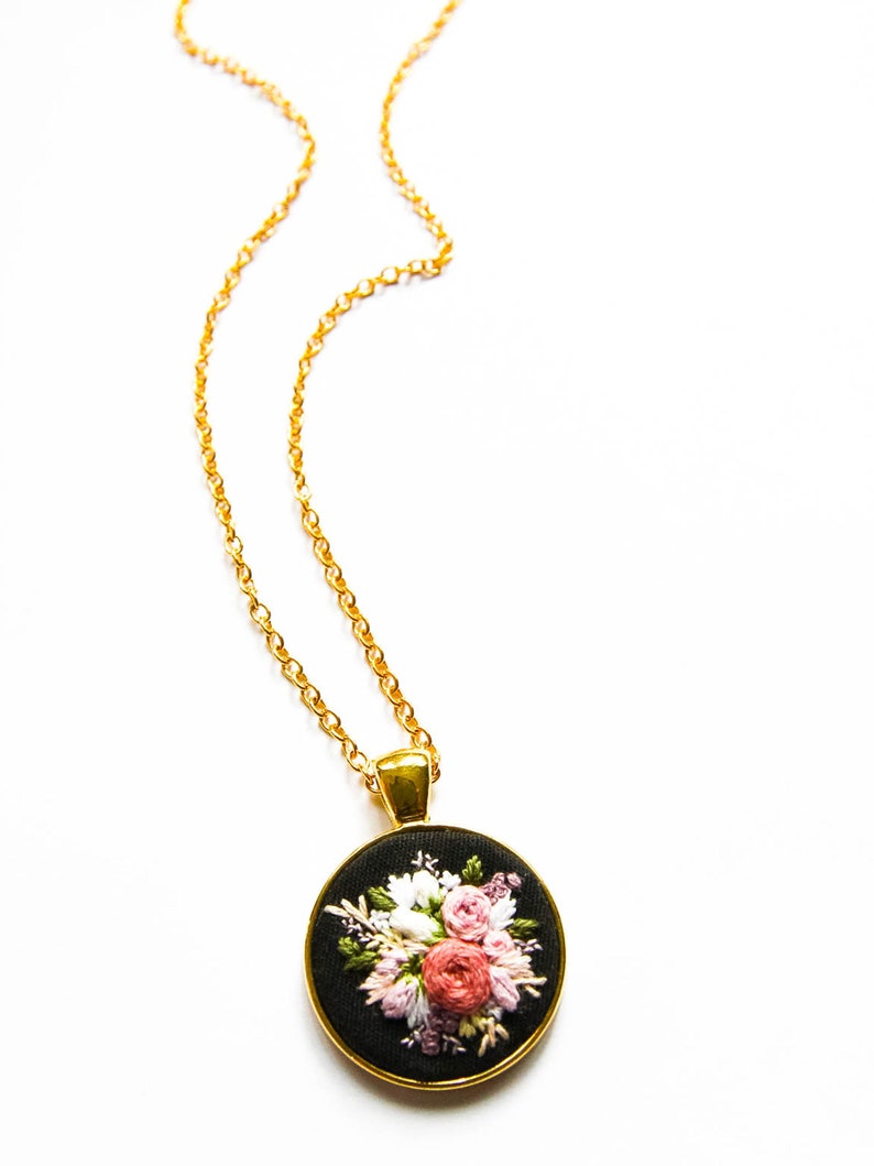 Unique Handmade Embroidered Floral Necklace, Personalized Flower Embroidery Pendant, Pink Black Textile Jewelry, Gift for Wife image 2
