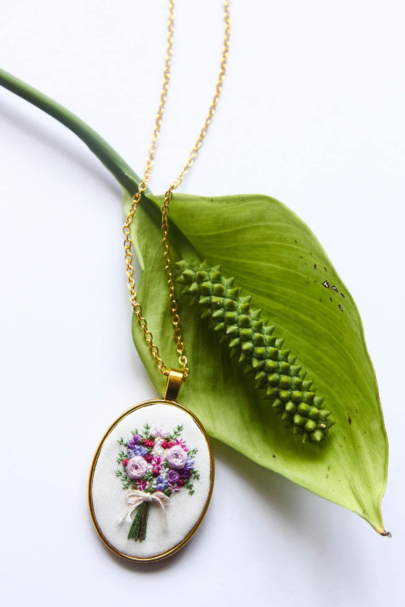 Hand Embroidered Bouquet Necklace Floral Embroidery Pendant Etsy