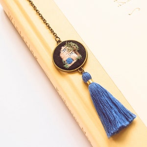 Embroidered Blue and Peach House Bookmark, Cottage Embroidery Book Accessory, Key and Tassel Book Charm, Gift for Her, Gift Under 30 image 3