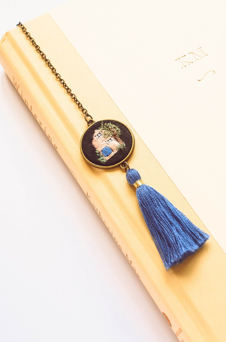 Embroidered Blue and Peach House Bookmark, Cottage Embroidery Book Accessory, Key and Tassel Book Charm, Gift for Her, Gift Under 30 image 3