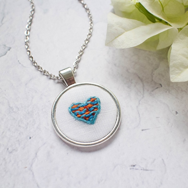 Hand Embroidered Blue Woven Heart Necklace, Fiber Wearable Art Pendant, Handmade Mother's Day Gift, Unique Textile Jewelry, Gift for Her