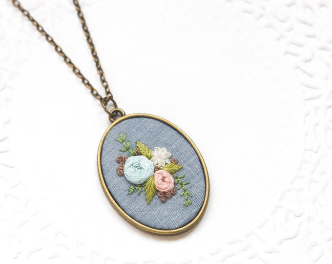 Hand Embroidered Flower Necklace Floral Embroidery Jewelry Christmas